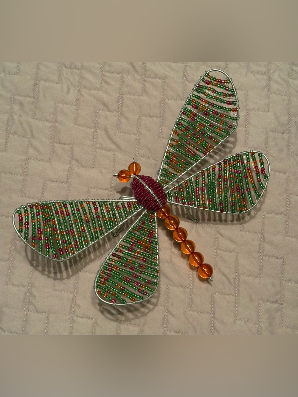Handcrafted Beaded Dragonfly Wall Accent in Green and Amber